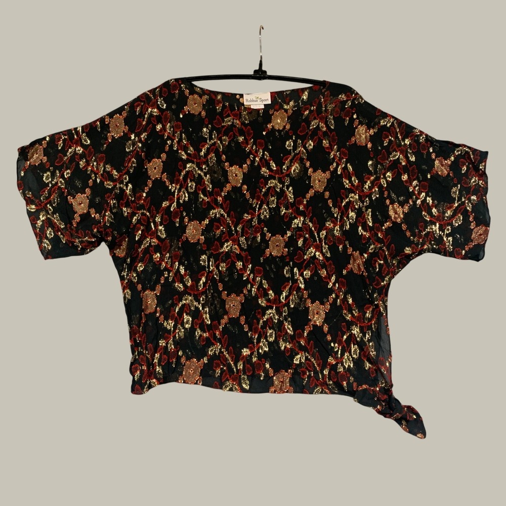Robbie Sport Blouse Womens 15 16 Black Gold Red Metallic Floral Side Tie Vintage - Picture 1 of 7